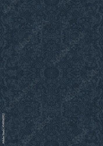 Hand-drawn unique abstract symmetrical seamless ornament. Light blue on a deep blue background. Paper texture. Digital artwork, A4. (pattern: p06d)
