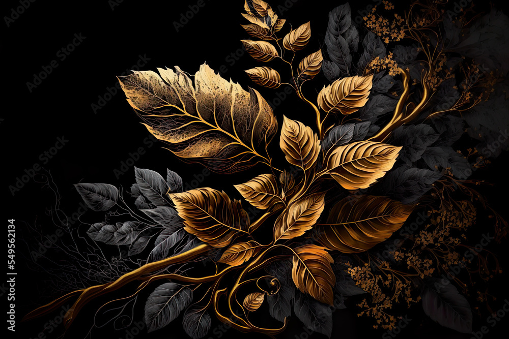 Gold leaves on black background, leaf (feather) on black background, gold  black leaf on background. Luxury feeling. Illustration. Generative ai.  Stock Illustration