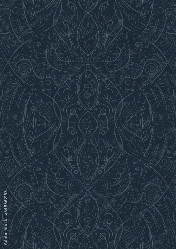 Hand-drawn unique abstract symmetrical seamless ornament. Light blue on a deep blue background. Paper texture. Digital artwork, A4. (pattern: p08-2d) Hand-drawn unique abstract symmetrical seamless ornament. Light blue on a deep blue background. Paper texture. Digital artwork, A4. (pattern: p08-2d)
