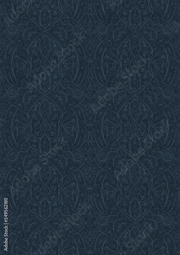 Hand-drawn unique abstract symmetrical seamless ornament. Light blue on a deep blue background. Paper texture. Digital artwork, A4. (pattern: p08-2e)