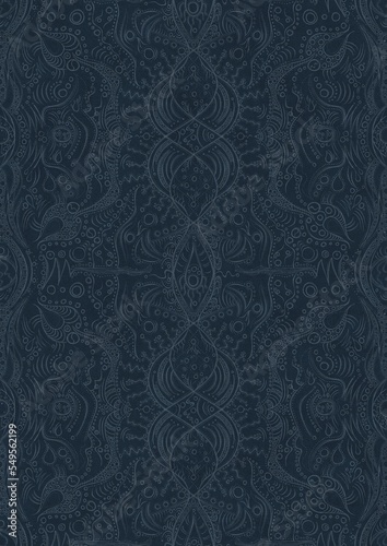 Hand-drawn unique abstract symmetrical seamless ornament. Light blue on a deep blue background. Paper texture. Digital artwork, A4. (pattern: p09d)