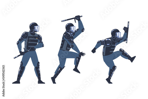 Riot Police Officer and Squad Member in Uniform and Helmet with Baton Fighting Vector Set