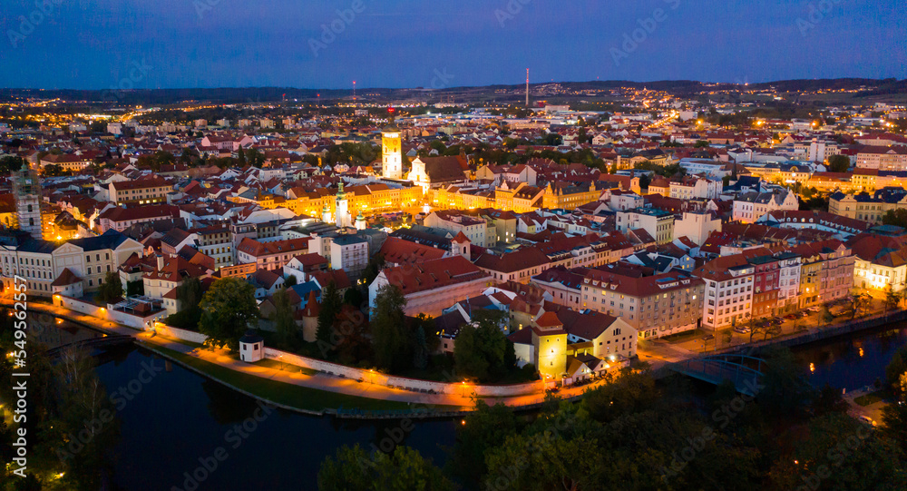 Obraz premium Aerial view of historic center of Ceske Budejovice overlooking large Ottokar II Square at twilight, South Bohemia Region, Czech Republic