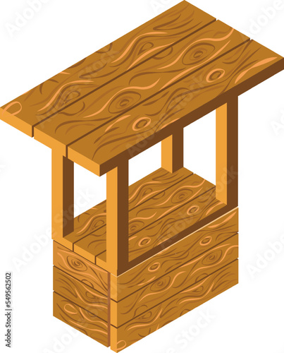 Vector isometric 3d illustration of empty market stall with. Wooden counter with canopy for street trading, Flat isometric illustration on white background.