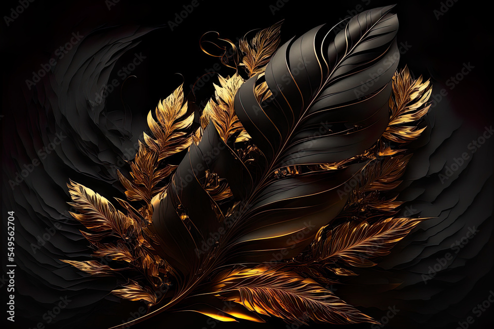 Gold leaves on black background, leaf (feather) on black background