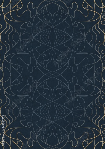 Hand-drawn unique abstract ornament. Light blue on a deep blue background, with vignette of same pattern in golden glitter. Paper texture. Digital artwork, A4. (pattern: p02-1d)