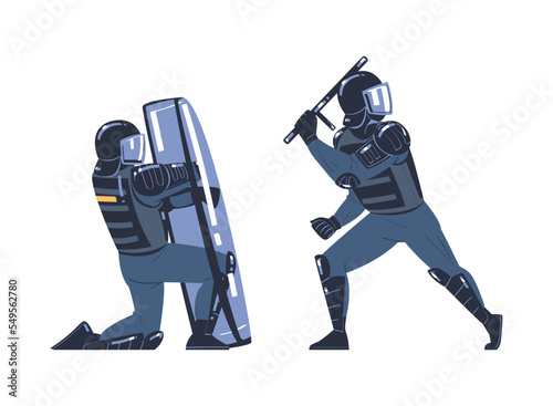 Riot Police Officer and Squad Member in Uniform and Helmet with Baton Fighting Vector Set