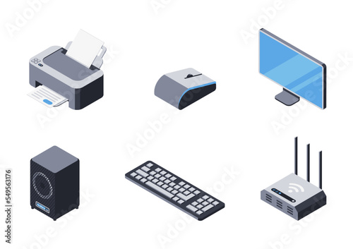3d printer, monitor, keyboard, router, computer mouse, music speaker. Set of isometric icons of devices, gadget. Collection of office digital technology items. Vector illustration in isometric style
