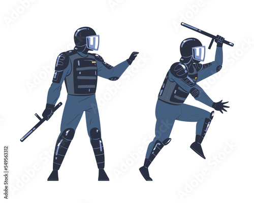 Riot Police Officer and Squad Member in Uniform and Helmet with Baton Fighting Vector Set