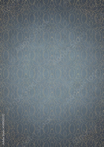 Hand-drawn unique abstract gold ornament on a light blue background, with vignette of darker background color and golden glittery sparks. Paper texture. Digital artwork, A4. (pattern: p08-1f)