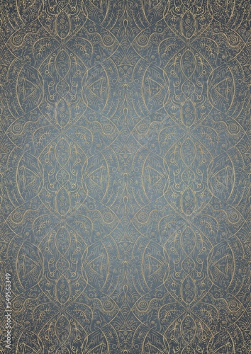 Hand-drawn unique abstract gold ornament on a light blue background, with vignette of darker background color and golden glittery sparks. Paper texture. Digital artwork, A4. (pattern: p08-2e)