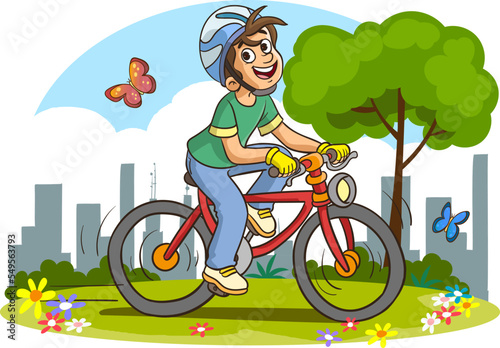 cute boy riding bike to school cartoon vector illustration.