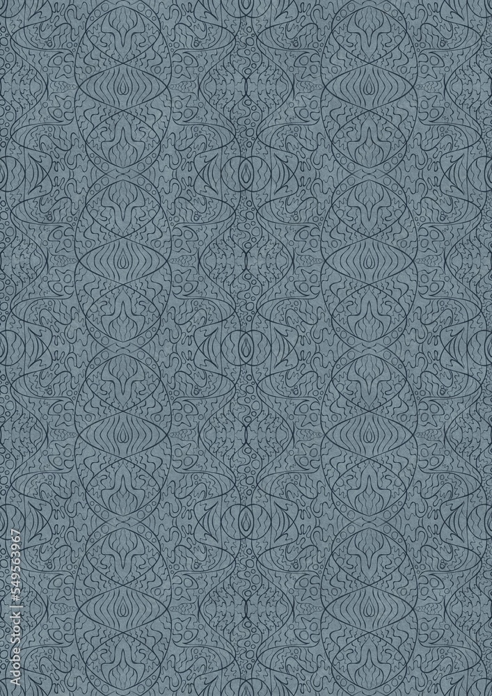 Hand-drawn unique abstract symmetrical seamless ornament. Dark blue on a light blue background. Paper texture. Digital artwork, A4. (pattern: p02-2e)