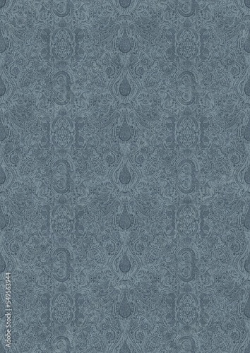 Hand-drawn unique abstract symmetrical seamless ornament. Dark blue on a light blue background. Paper texture. Digital artwork, A4. (pattern: p01e)