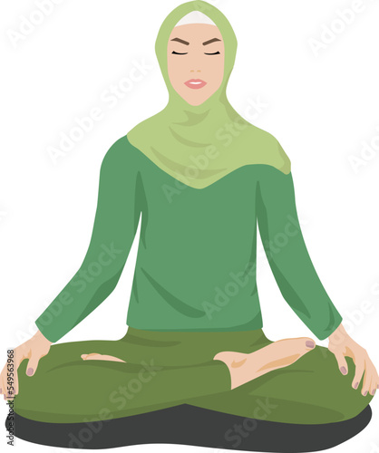 person meditating in lotus position, muslim lafy, girl in hijab, hijabi, headscarf, yoga exercises, sport lifestyle