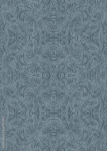 Hand-drawn unique abstract symmetrical seamless ornament. Dark blue on a light blue background. Paper texture. Digital artwork, A4. (pattern: p03d)