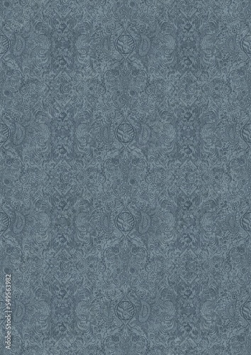 Hand-drawn unique abstract symmetrical seamless ornament. Dark blue on a light blue background. Paper texture. Digital artwork, A4. (pattern: p04e)