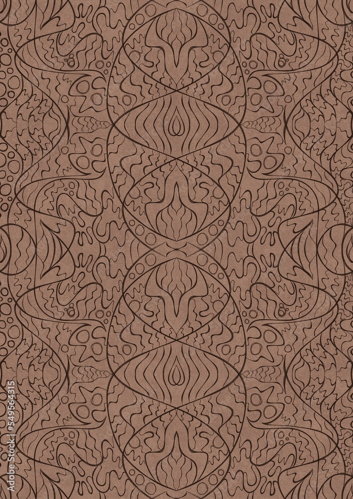 Hand-drawn unique abstract symmetrical seamless ornament. Brown on a light brown background. Paper texture. Digital artwork, A4. (pattern: p02-2d)