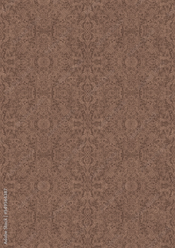 Fototapeta premium Hand-drawn unique abstract symmetrical seamless ornament. Brown on a light brown background. Paper texture. Digital artwork, A4. (pattern: p06e)
