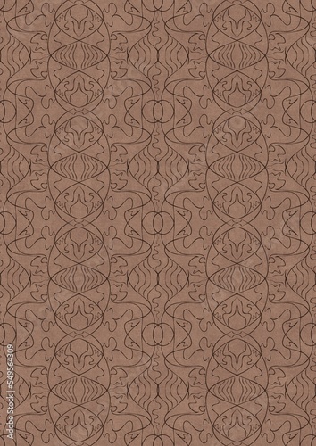 Hand-drawn unique abstract symmetrical seamless ornament. Brown on a light brown background. Paper texture. Digital artwork, A4. (pattern: p02-1e)
