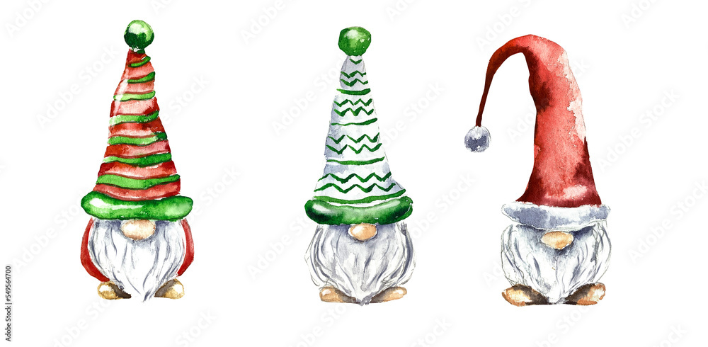 Winter Christmas gnomes watercolor illustrations 
