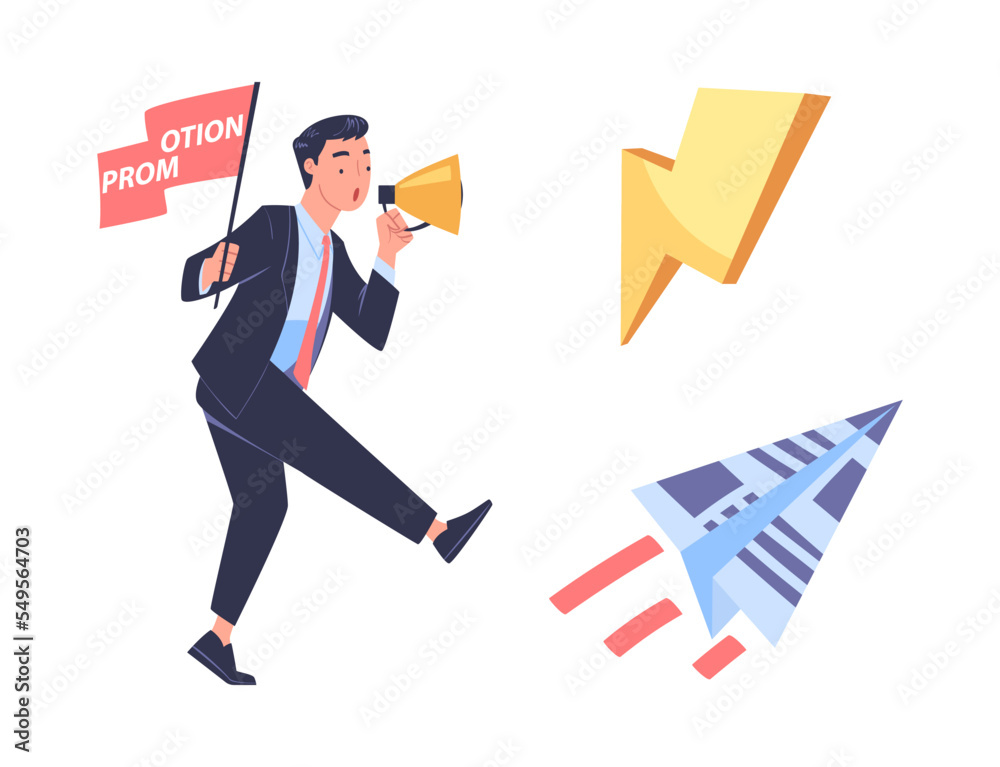 Promotion with Man Character Engaged in Marketing and Advertisement Campaign with Megaphone and Paper Plane Vector Set Promotion with Man Character Engaged in Marketing and Advertisement Campaign with Megaphone and Paper Plane Vector Set