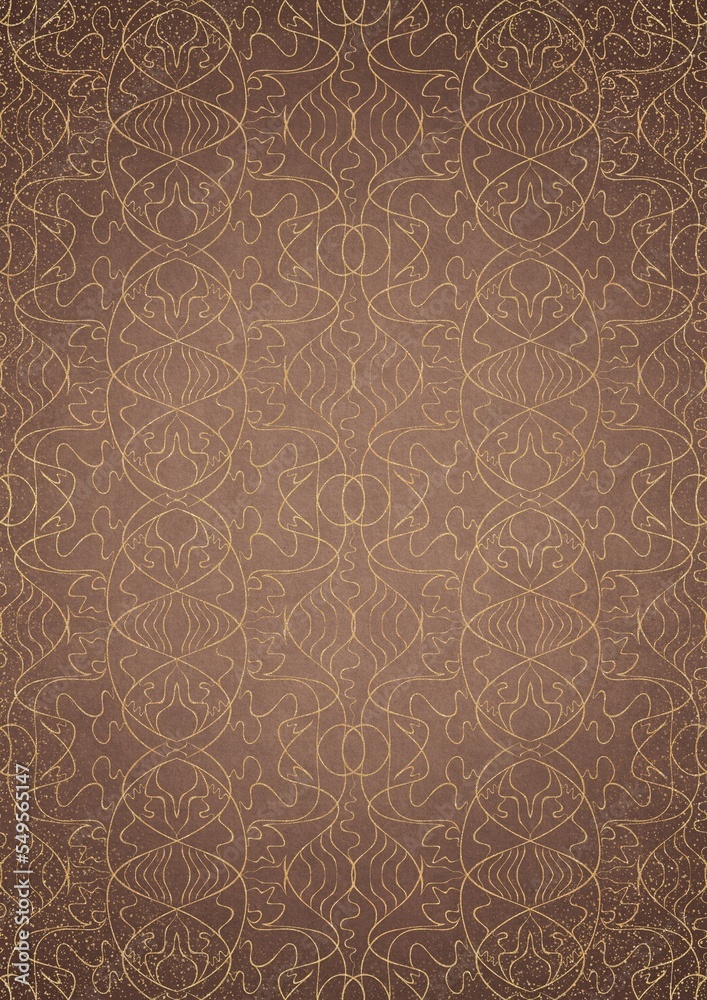 Hand-drawn unique abstract gold ornament on a light brown background, with vignette of darker background color and splatters of golden glitter. Paper texture. Digital artwork, A4. (pattern: p02-1e)