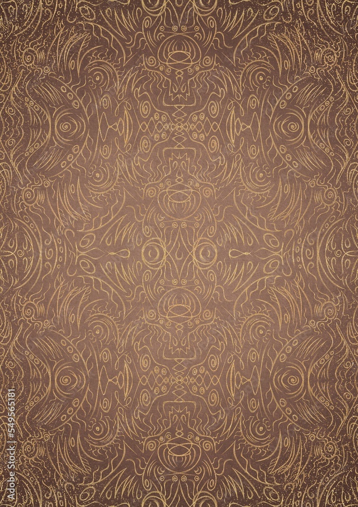 Hand-drawn unique abstract gold ornament on a light brown background, with vignette of darker background color and splatters of golden glitter. Paper texture. Digital artwork, A4. (pattern: p03d)