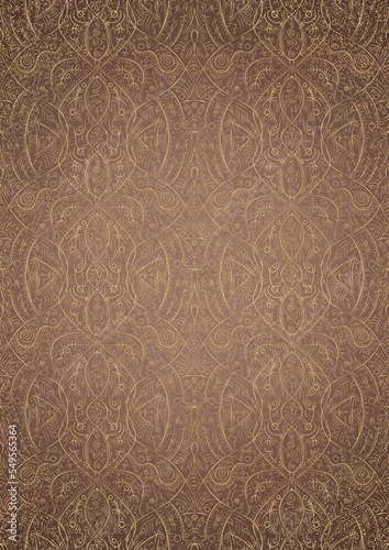 Hand-drawn unique abstract gold ornament on a light brown background, with vignette of darker background color and splatters of golden glitter. Paper texture. Digital artwork, A4. (pattern: p08-2e)