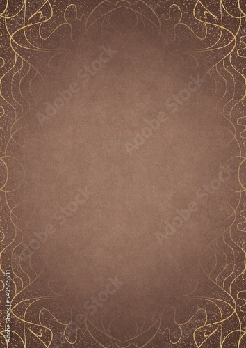 Light brown textured paper with vignette of darker color and golden hand-drawn pattern with splatters of golden glitter. Copy space. Digital artwork, A4. (pattern: p02-1d)