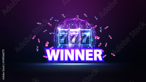 Winner, neon symbol with slot machine with jackpot and poker chips in dark empty scene