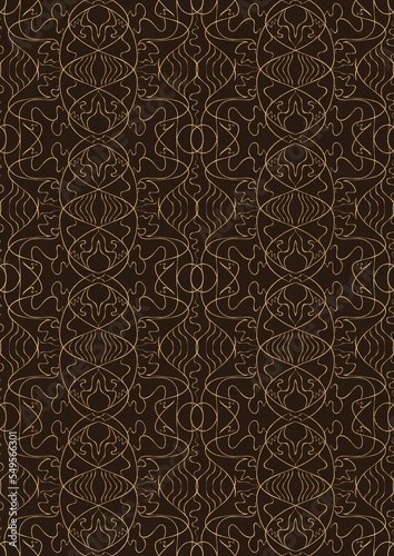 Hand-drawn unique abstract symmetrical seamless gold ornament on a dark brown background. Paper texture. Digital artwork, A4. (pattern: p02-1e)