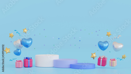 Promotion platform pedestal podium stage with gifts box and balloon, mock up for valentine or anniversary season, 3D rendering.
