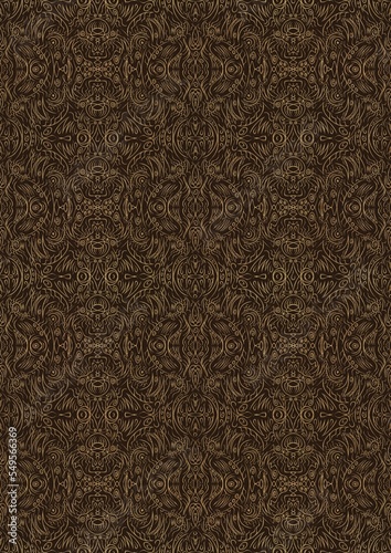 Hand-drawn unique abstract symmetrical seamless gold ornament on a dark brown background. Paper texture. Digital artwork, A4. (pattern: p03e)