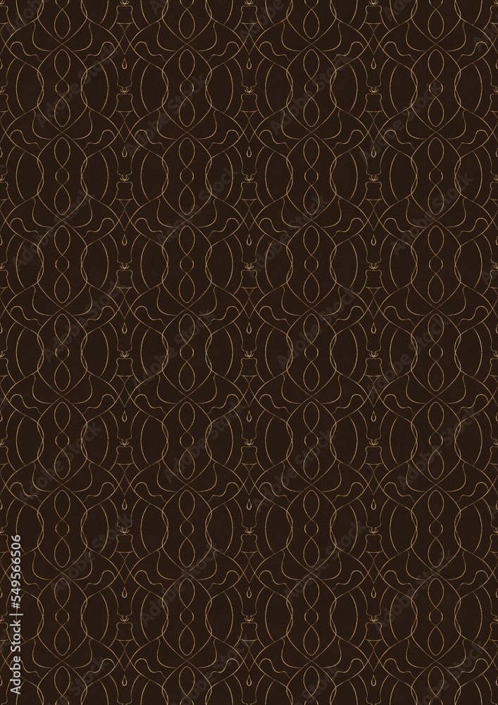 Hand-drawn unique abstract symmetrical seamless gold ornament on a dark brown background. Paper texture. Digital artwork, A4. (pattern: p08-1f)