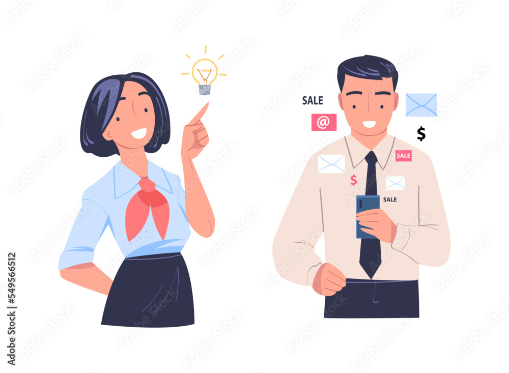 Promotion with Man and Woman Character Engaged in Marketing and Advertisement Campaign Vector Set Promotion with Man and Woman Character Engaged in Marketing and Advertisement Campaign Vector Set