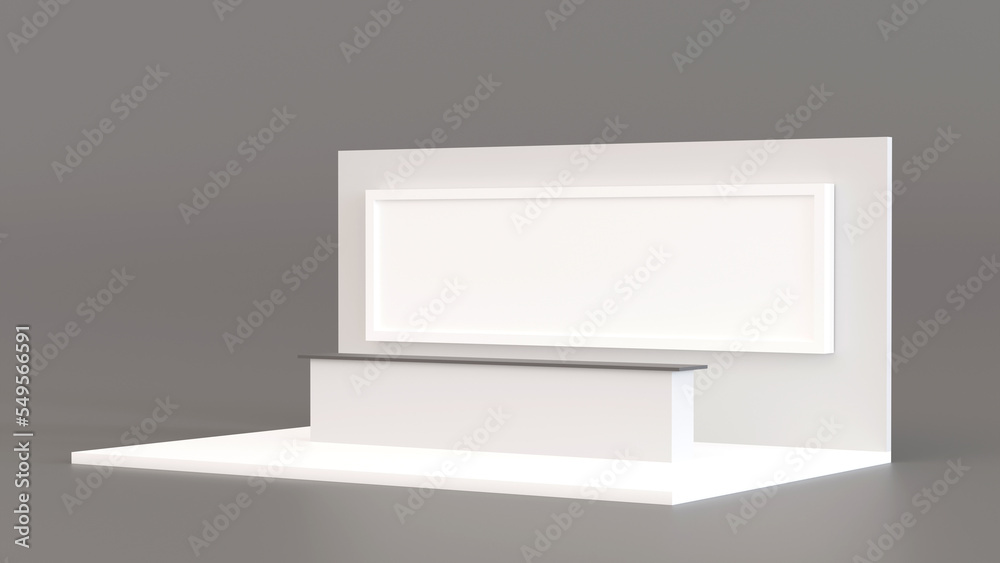 White template empty wall with counter table, blank mock up booth for product exhibition show, 3D rendering. White template empty wall with counter table, blank mock up booth for product exhibition show, 3D rendering.