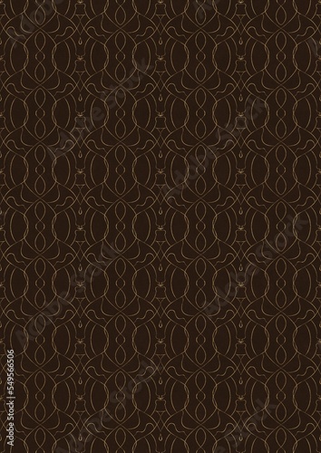 Hand-drawn unique abstract symmetrical seamless gold ornament on a dark brown background. Paper texture. Digital artwork, A4. (pattern: p08-1f)