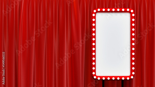 Blank mock up red billboard with light bulb on stage theatre or opera with red curtain and Spotlight, 3D rendering.