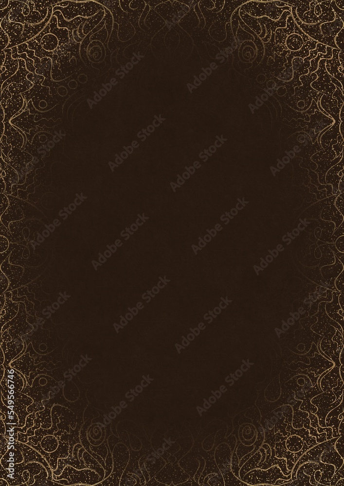 Dark brown textured paper with vignette of golden hand-drawn pattern with golden glittery splatter. Copy space. Digital artwork, A4. (pattern: p07-1d) Dark brown textured paper with vignette of golden hand-drawn pattern with golden glittery splatter. Copy space. Digital artwork, A4. (pattern: p07-1d)