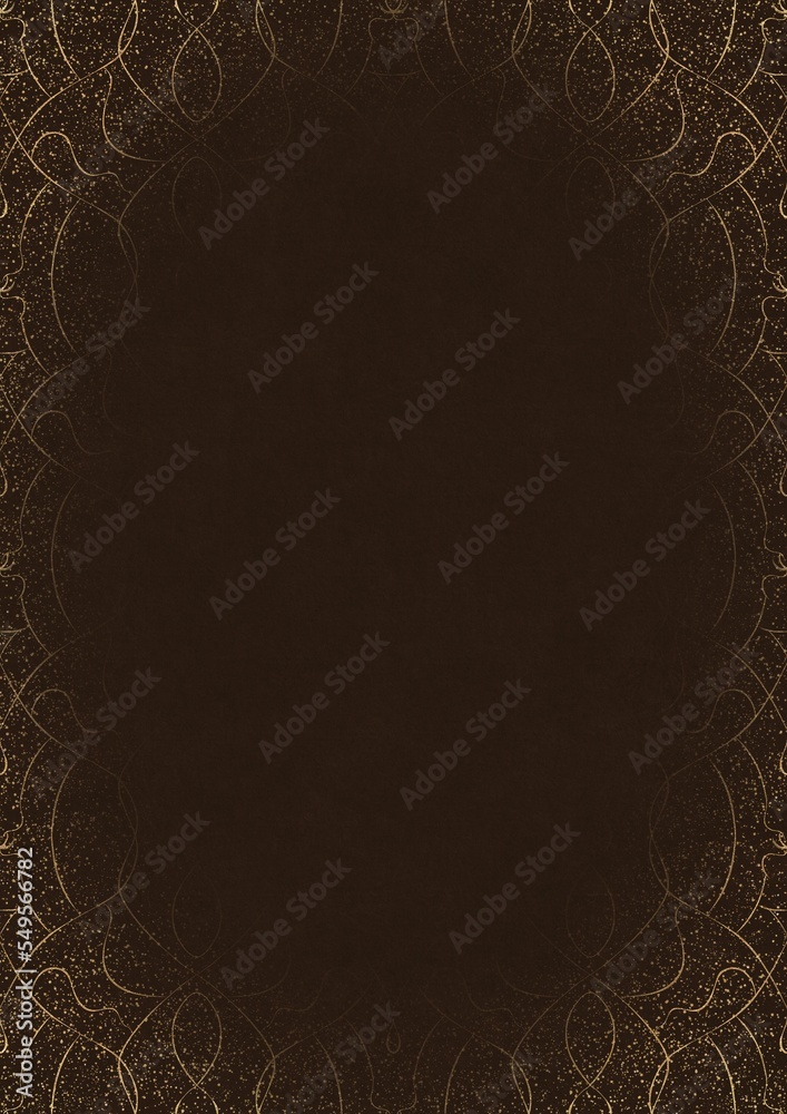 Dark brown textured paper with vignette of golden hand-drawn pattern with golden glittery splatter. Copy space. Digital artwork, A4. (pattern: p08-1e)