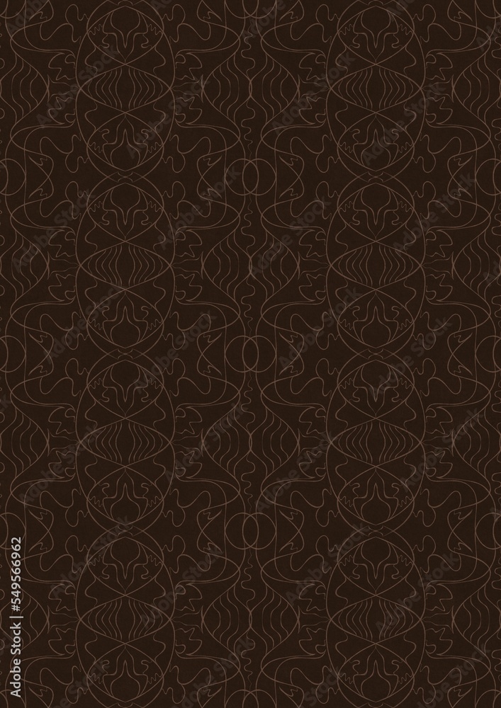 Hand-drawn unique abstract symmetrical seamless ornament. Light semi transparent brown on a dark brown background. Paper texture. Digital artwork, A4. (pattern: p02-1e)