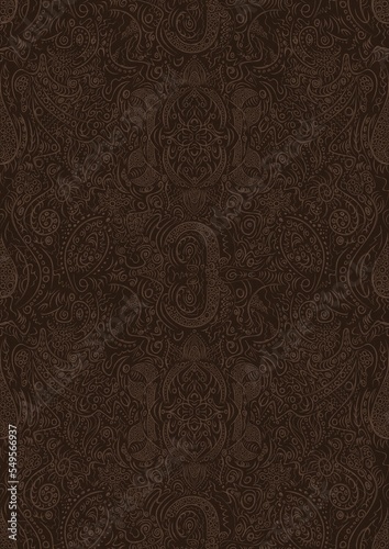 Hand-drawn unique abstract symmetrical seamless ornament. Light semi transparent brown on a dark brown background. Paper texture. Digital artwork, A4. (pattern: p01d)