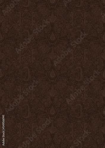 Hand-drawn unique abstract symmetrical seamless ornament. Light semi transparent brown on a dark brown background. Paper texture. Digital artwork, A4. (pattern: p01e)