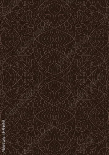 Hand-drawn unique abstract symmetrical seamless ornament. Light semi transparent brown on a dark brown background. Paper texture. Digital artwork, A4. (pattern: p02-2d)