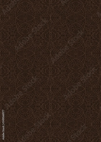 Hand-drawn unique abstract symmetrical seamless ornament. Light semi transparent brown on a dark brown background. Paper texture. Digital artwork, A4. (pattern: p02-2e)