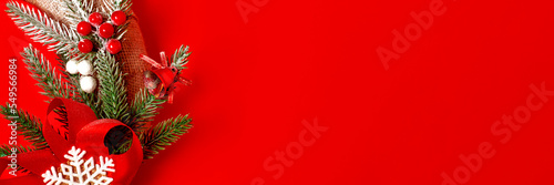 mockup Christmas greeting with christmas tree ring on red background with place for your text