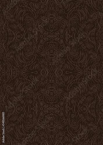 Hand-drawn unique abstract symmetrical seamless ornament. Light semi transparent brown on a dark brown background. Paper texture. Digital artwork, A4. (pattern: p03d)