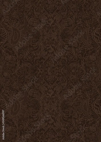 Hand-drawn unique abstract symmetrical seamless ornament. Light semi transparent brown on a dark brown background. Paper texture. Digital artwork, A4. (pattern: p04d)