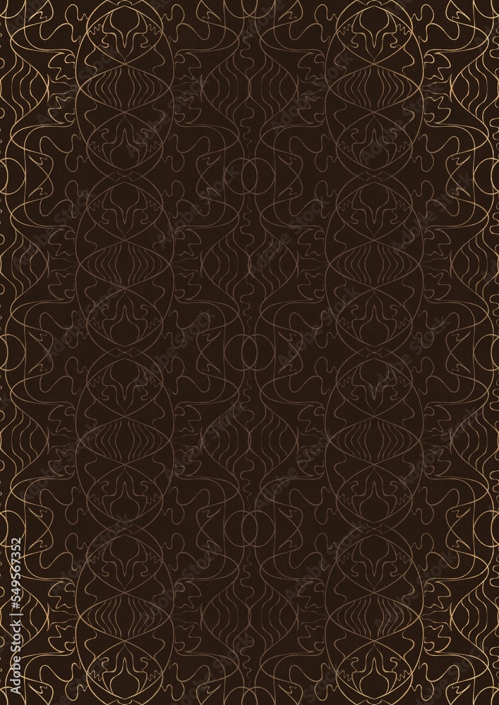 Hand-drawn unique abstract ornament. Light semi transparent brown on a dark brown background, with vignette of same pattern in golden glitter. Paper texture. Digital artwork, A4. (pattern: p02-1e) Hand-drawn unique abstract ornament. Light semi transparent brown on a dark brown background, with vignette of same pattern in golden glitter. Paper texture. Digital artwork, A4. (pattern: p02-1e)